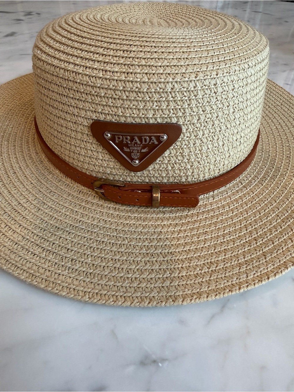 NotPrada Natural Straw Sun Hat with Brown Leather Trim